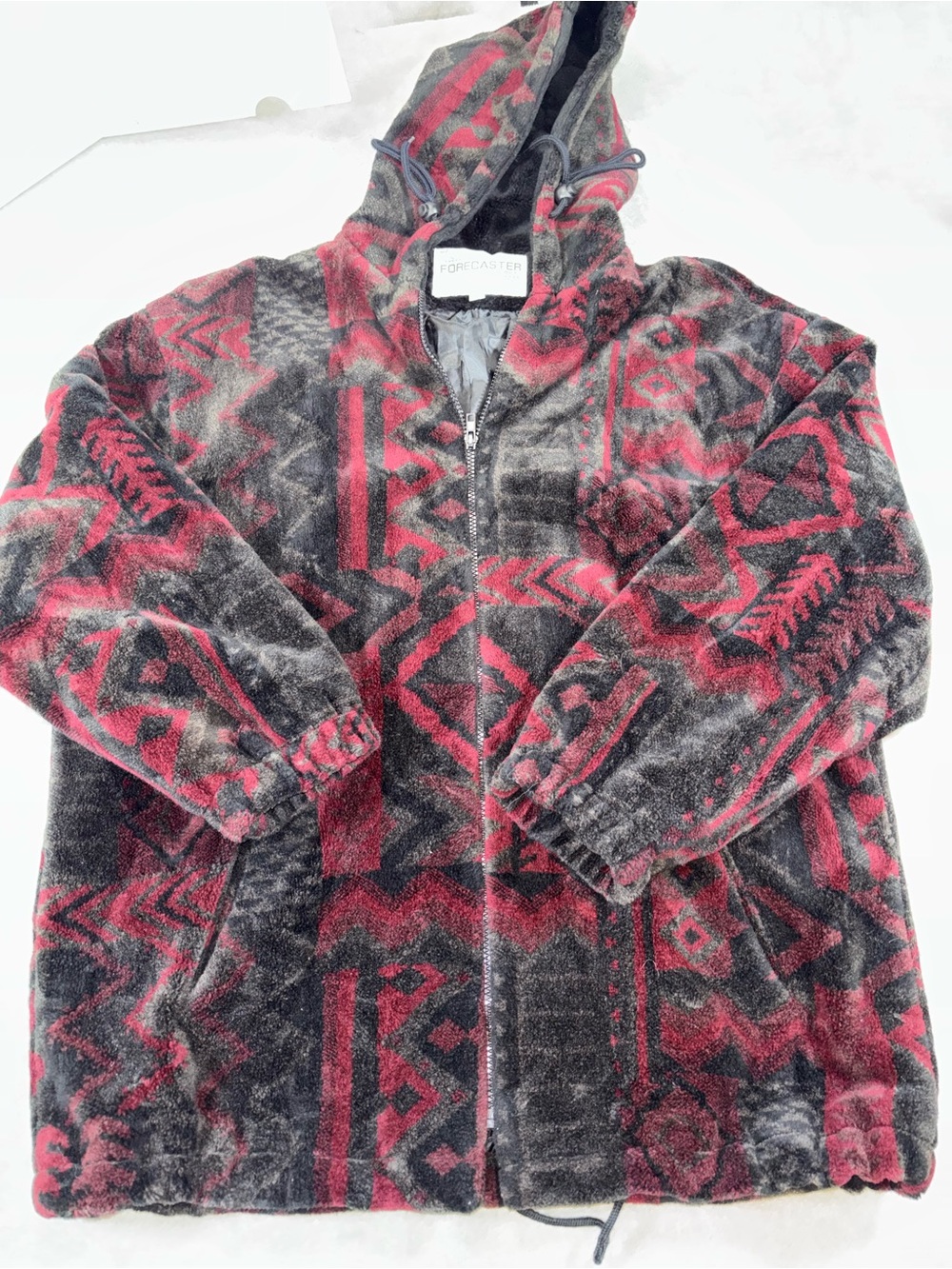 Vintage Forecaster Sport Hooded Fleece Jacket Geometric Red Black M
